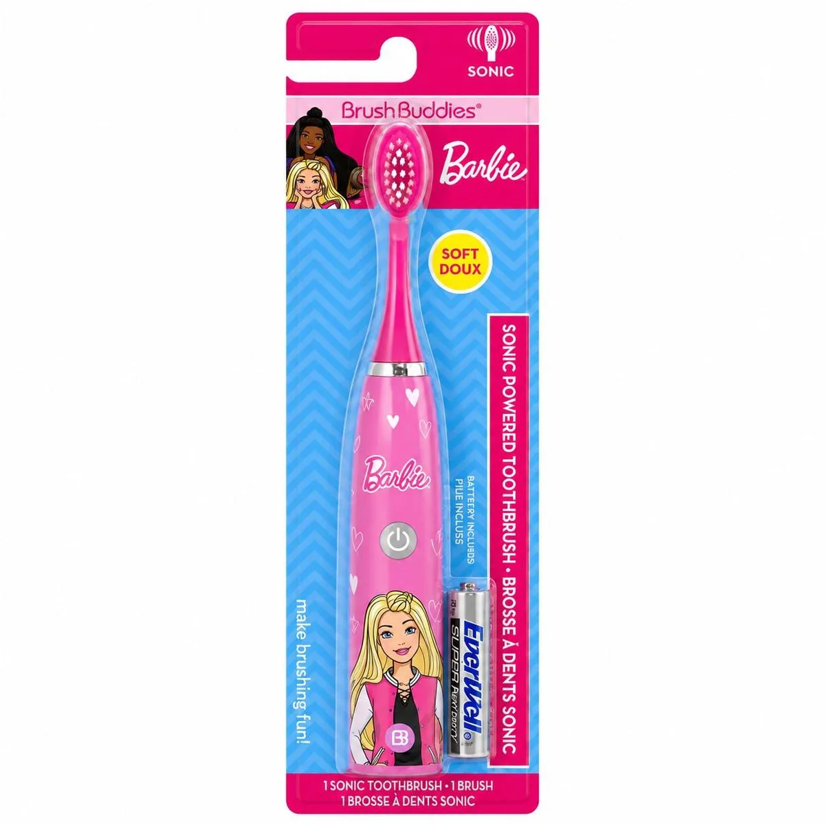 White battery powered electric toothbrush with Barbie branding and soft bristles
