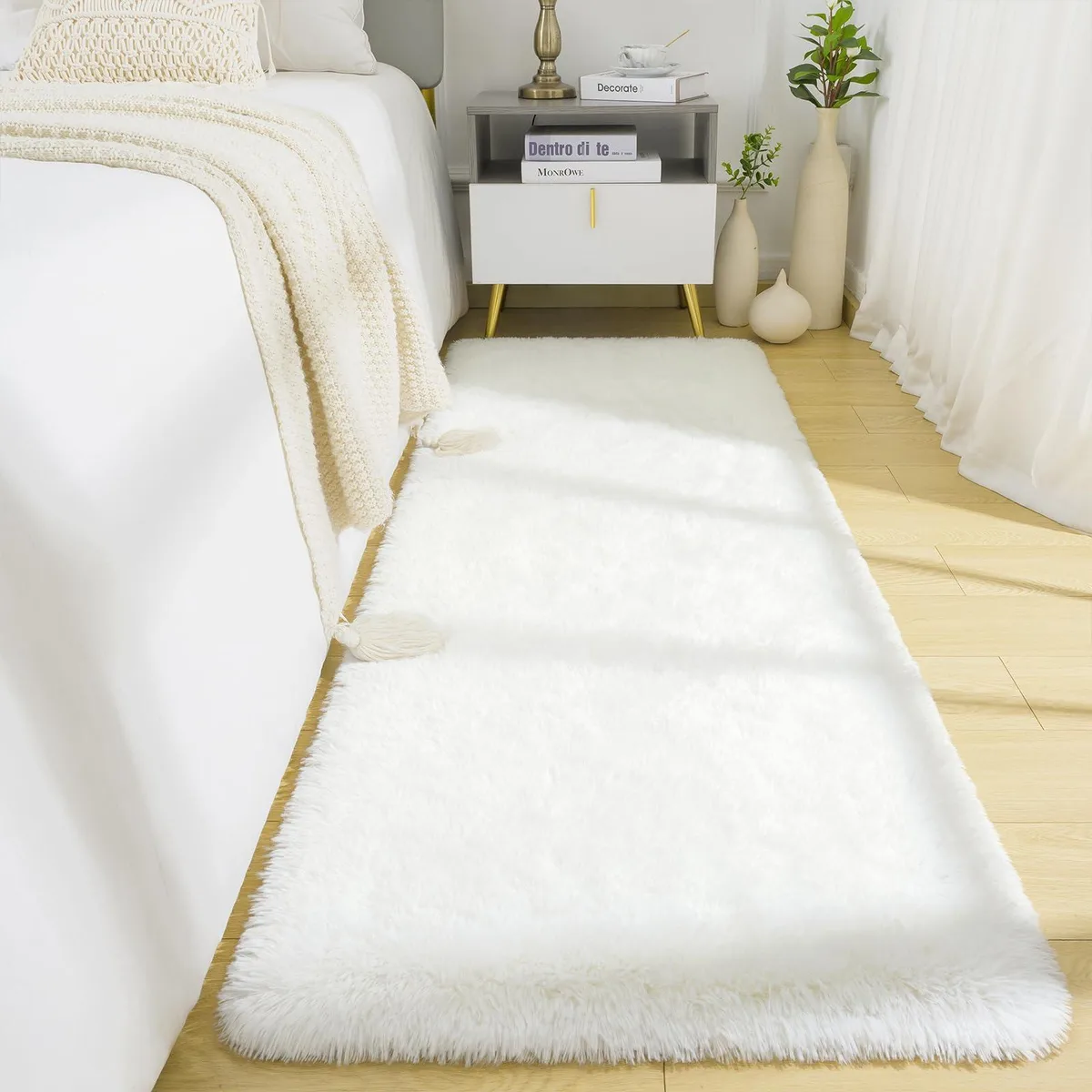 Cream-white plush runner rug with fluffy texture, 2 by 6 feet