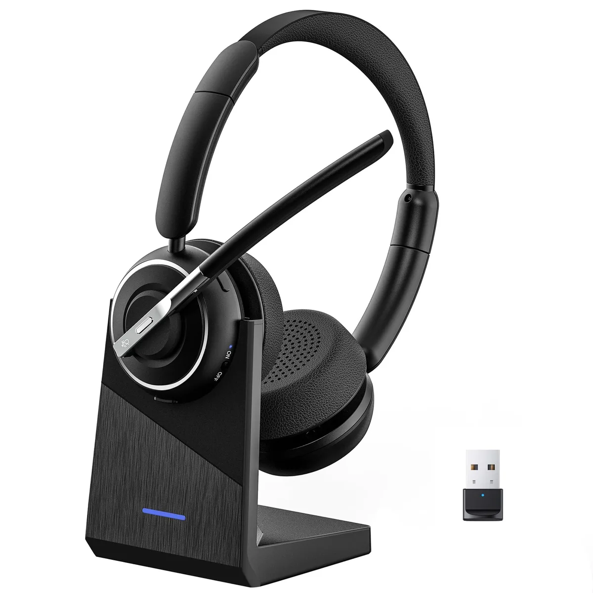 Black on-ear wireless headphones with charging base