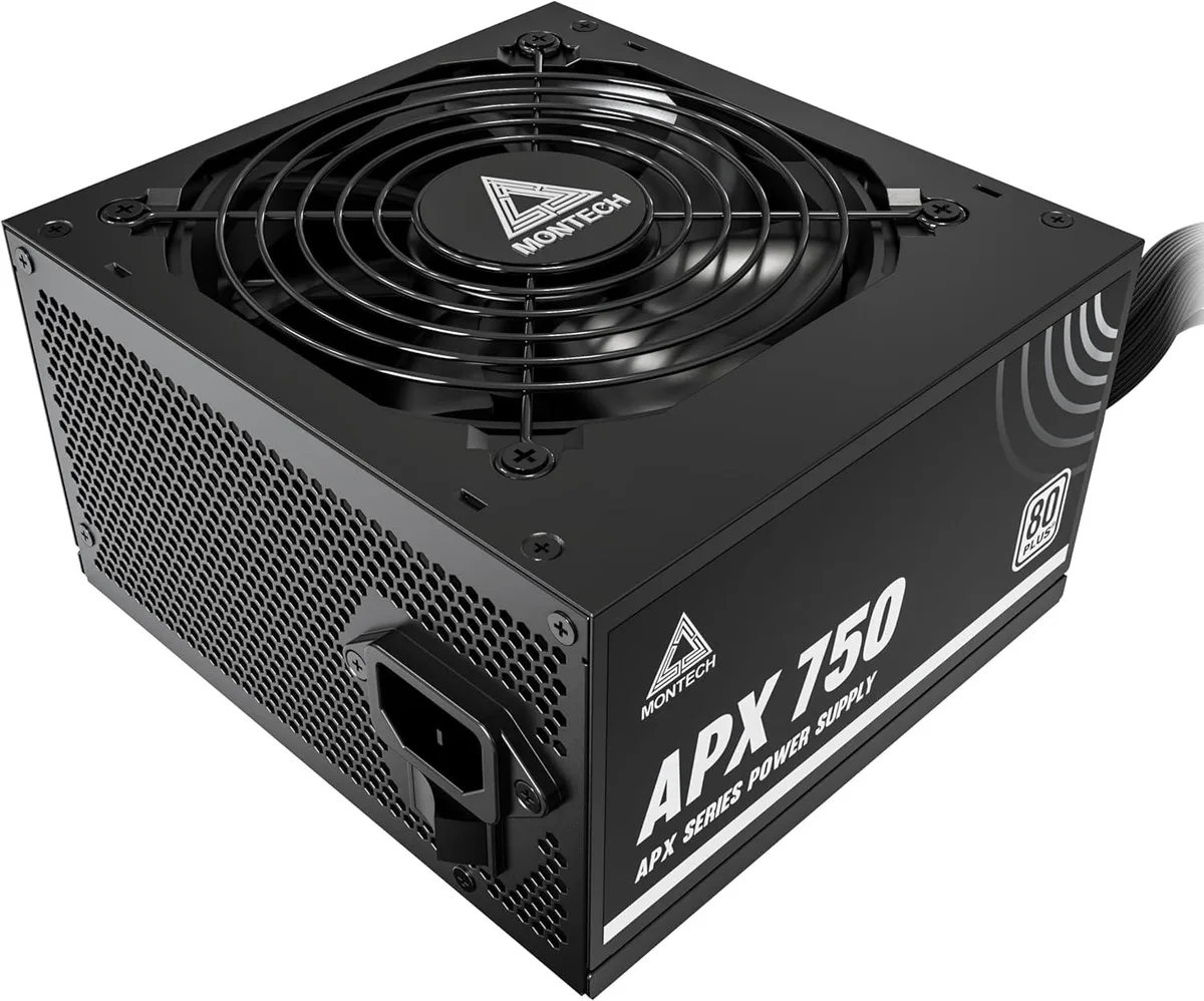 Black rectangular ATX power supply with single 120mm fan and fixed cables