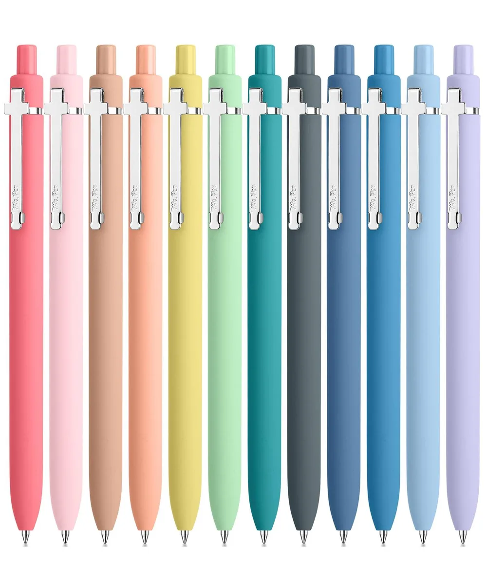 A box of twelve retractable gel pens in assorted pastel colours with silver clips