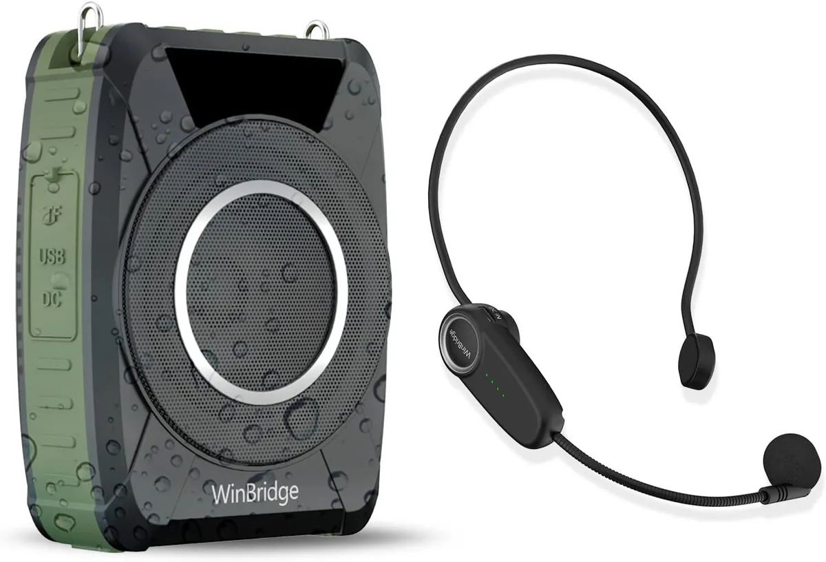 Compact rectangular speaker with matte finish and wireless headset microphone