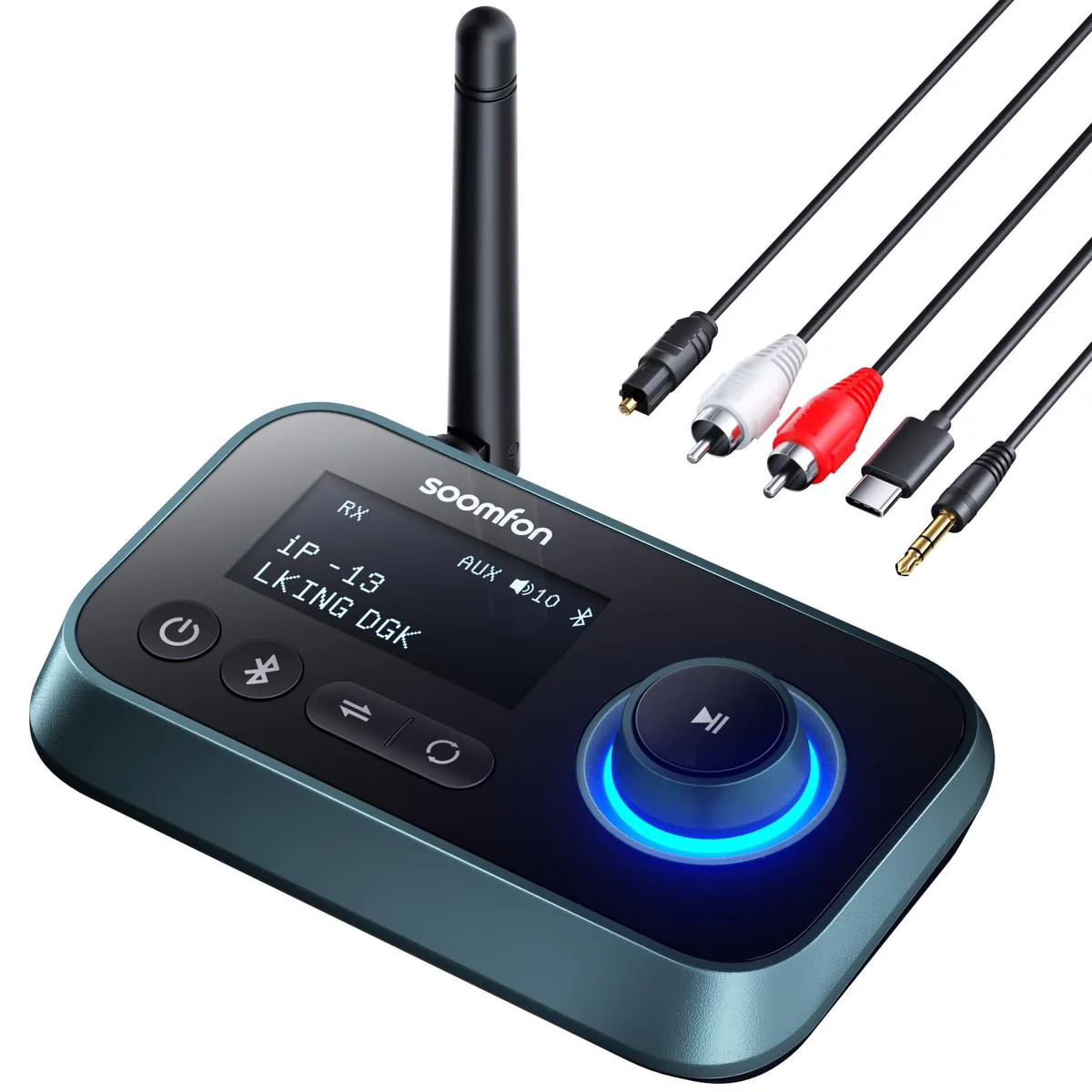 Small rectangular Bluetooth 5.3 adapter with LCD screen and multiple audio ports