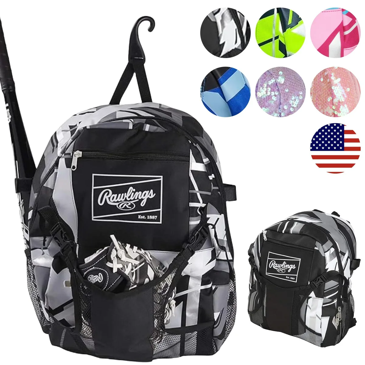 Black nylon youth backpack with bat sleeves and adjustable straps