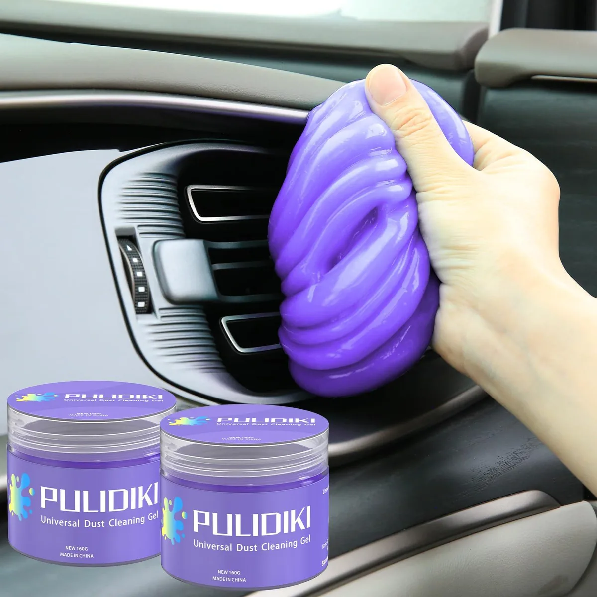 Two purple cleaning gel jars, each 2.62 by 2.62 by 2.1 inches