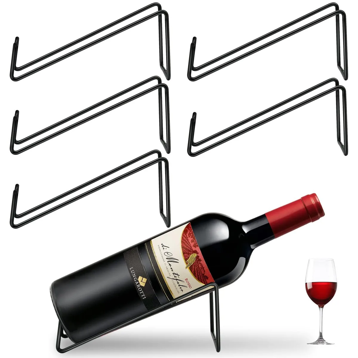 Six black iron single-bottle tabletop wine racks, 7.5 x 3.1 x 3 in each