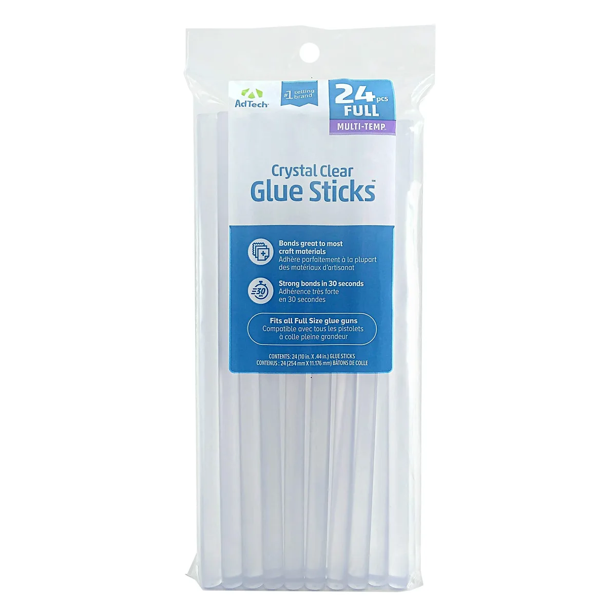 Clear cylindrical glue sticks, 10 inches long, 24-count pack