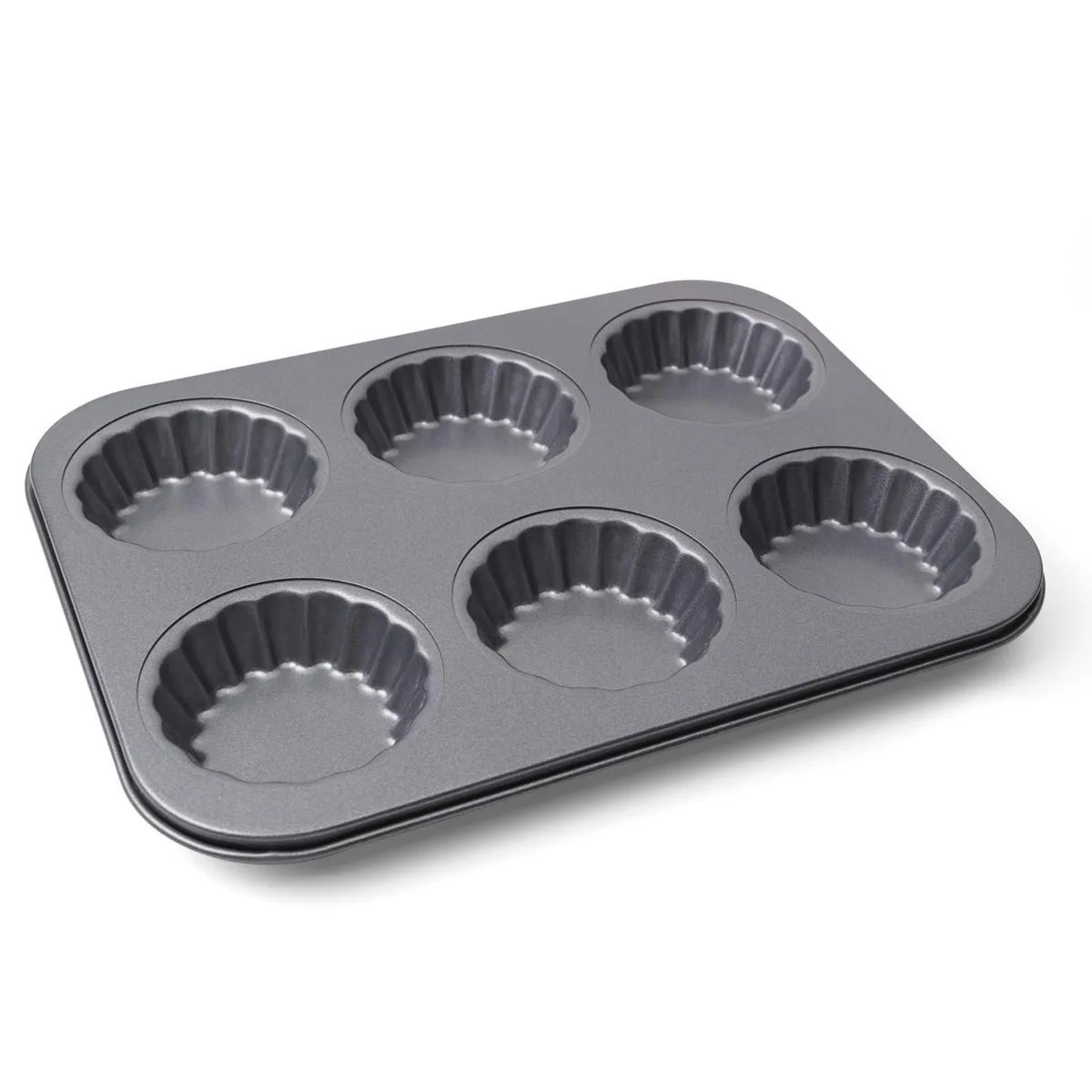 Black carbon-steel mini tart pan with six fluted 2.75" cavities