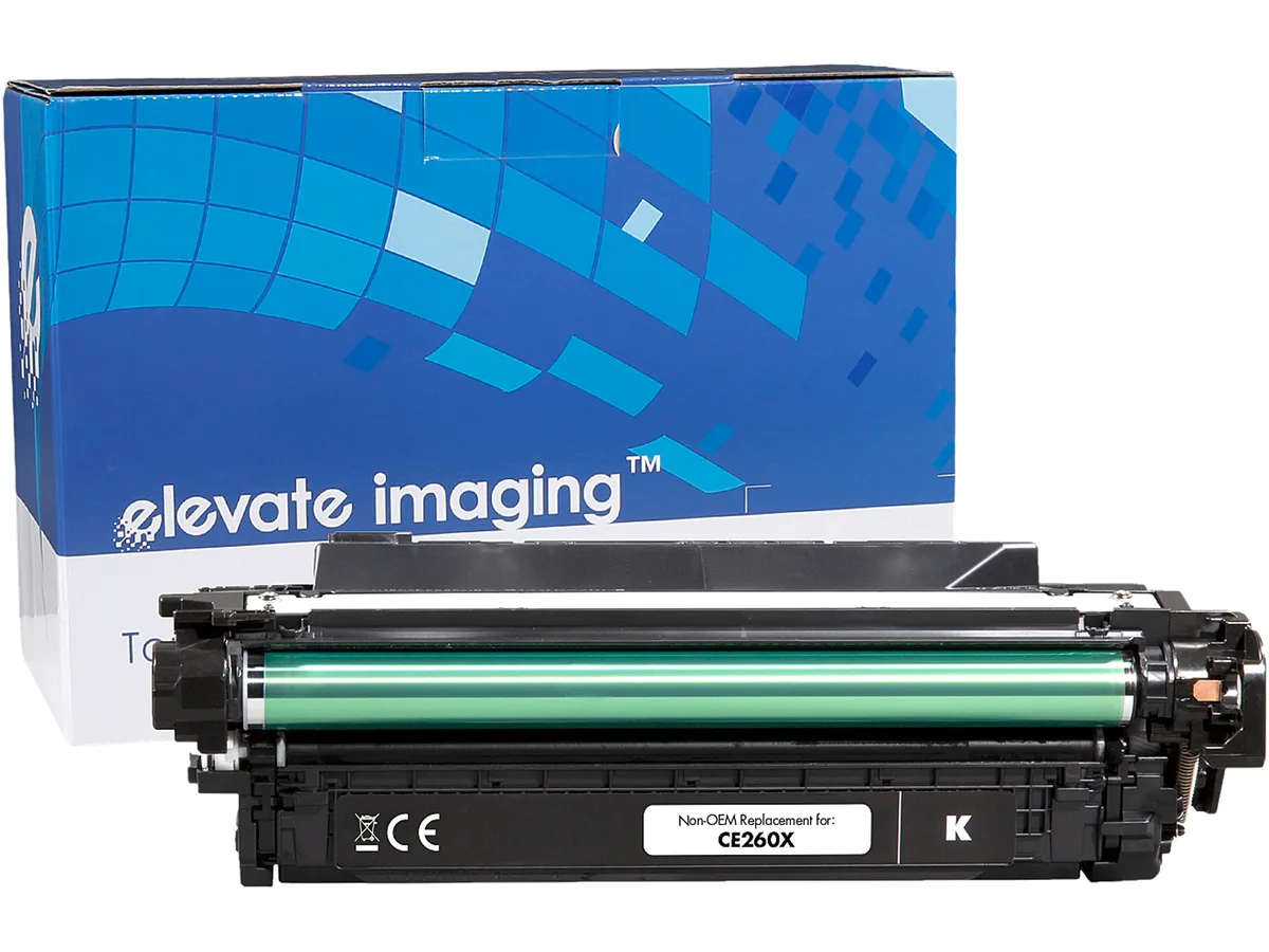 Black rectangular toner cartridge with matte finish and green chip visible