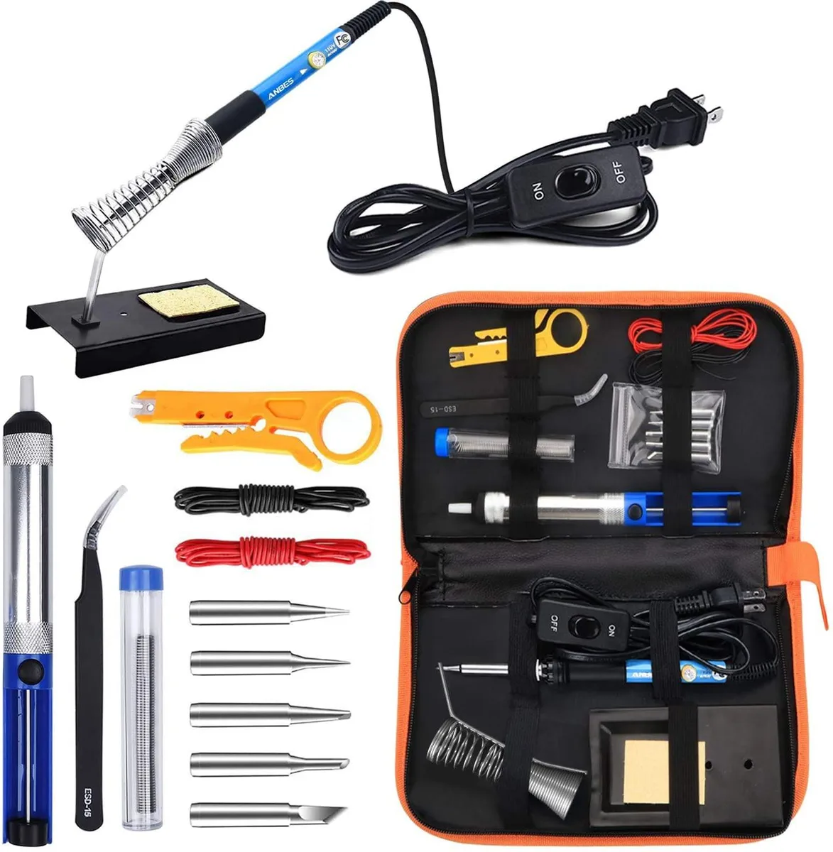 ANBES 60W soldering iron kit with stand, desoldering pump, wire, five tips and carry case