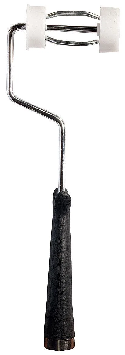 Mini paint roller frame with chrome four-wire cage, black plastic threaded handle, transparent finish