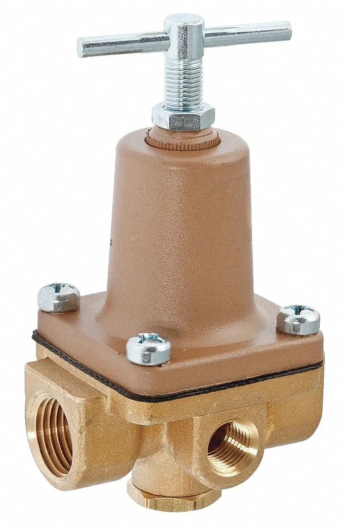 Brass pressure regulator, 1/4 inch FNPT connections, compact cylindrical body
