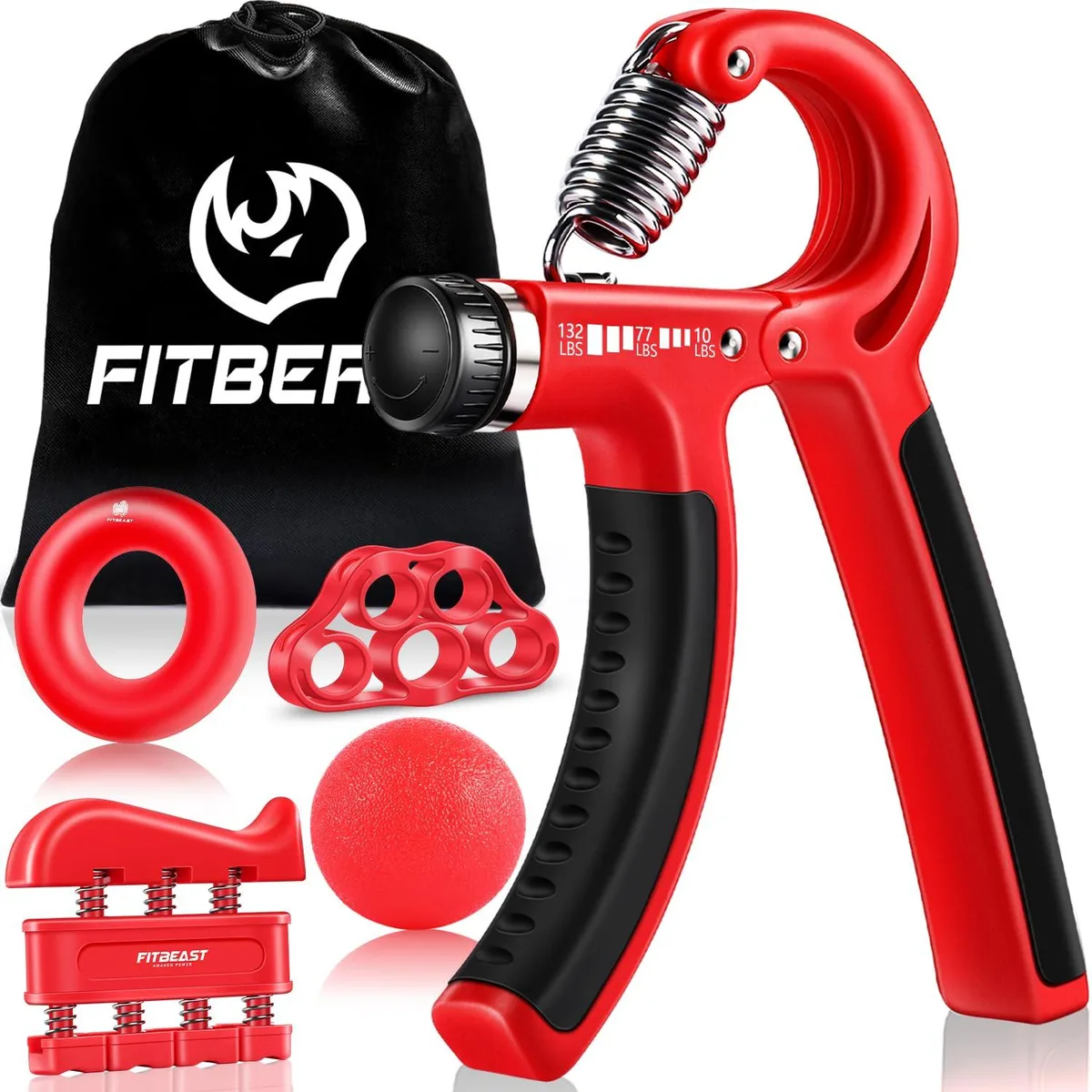 Five red adjustable hand grips with textured handles
