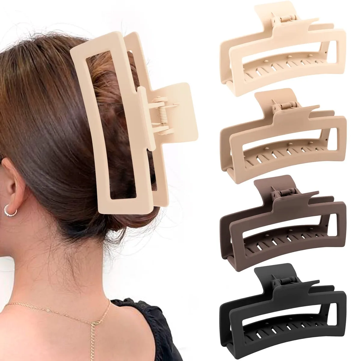 Four oversized matte rectangle claw clips in neutral colours, 5 by 2.1 by 1.3 inches