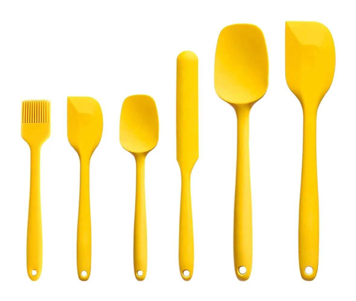 Six yellow silicone spatulas, seamless one-piece design, rectangular heads, heat resistant to 230°C