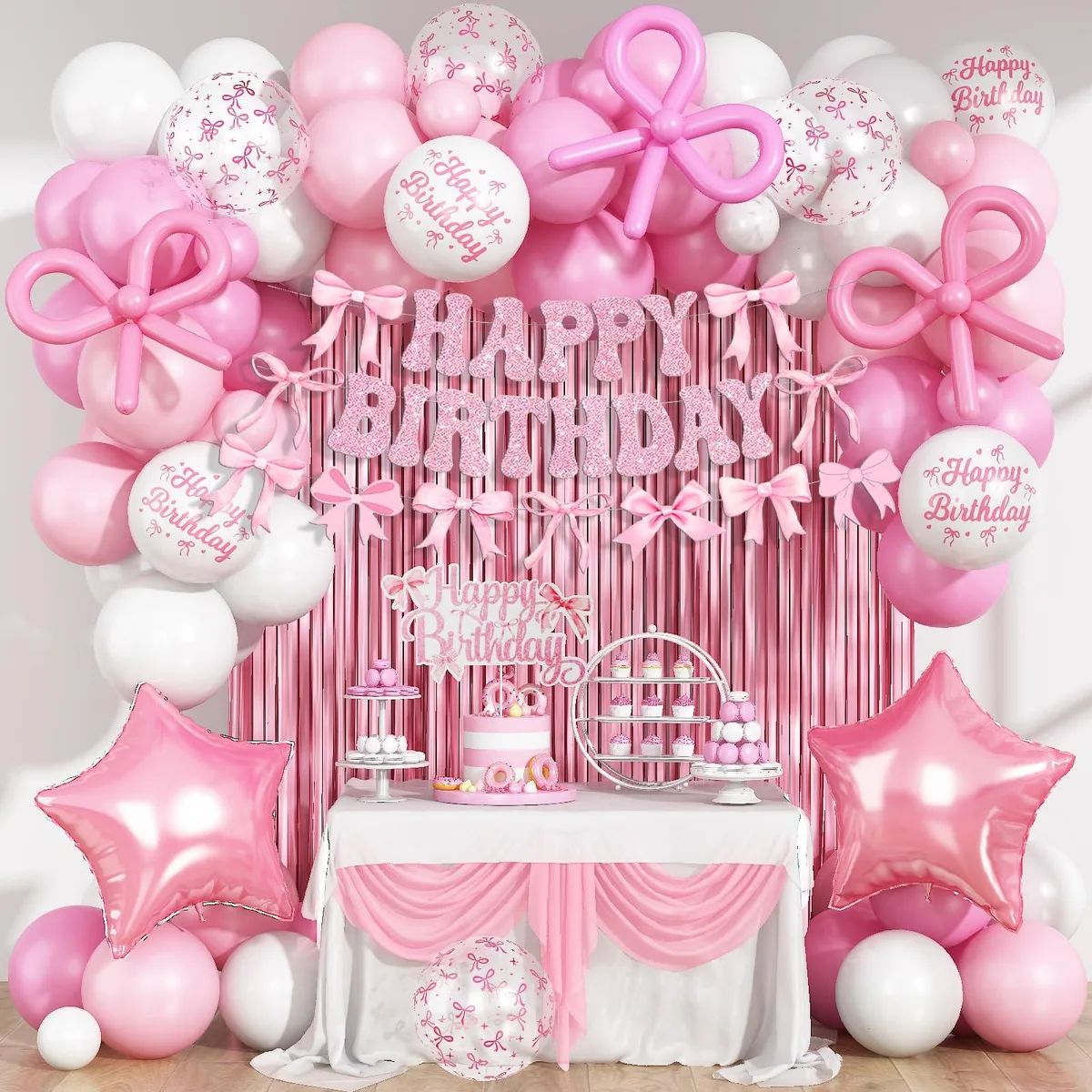 Pink bow birthday kit with fringe curtain banner cake topper star and latex balloons in pink white transparent bow design