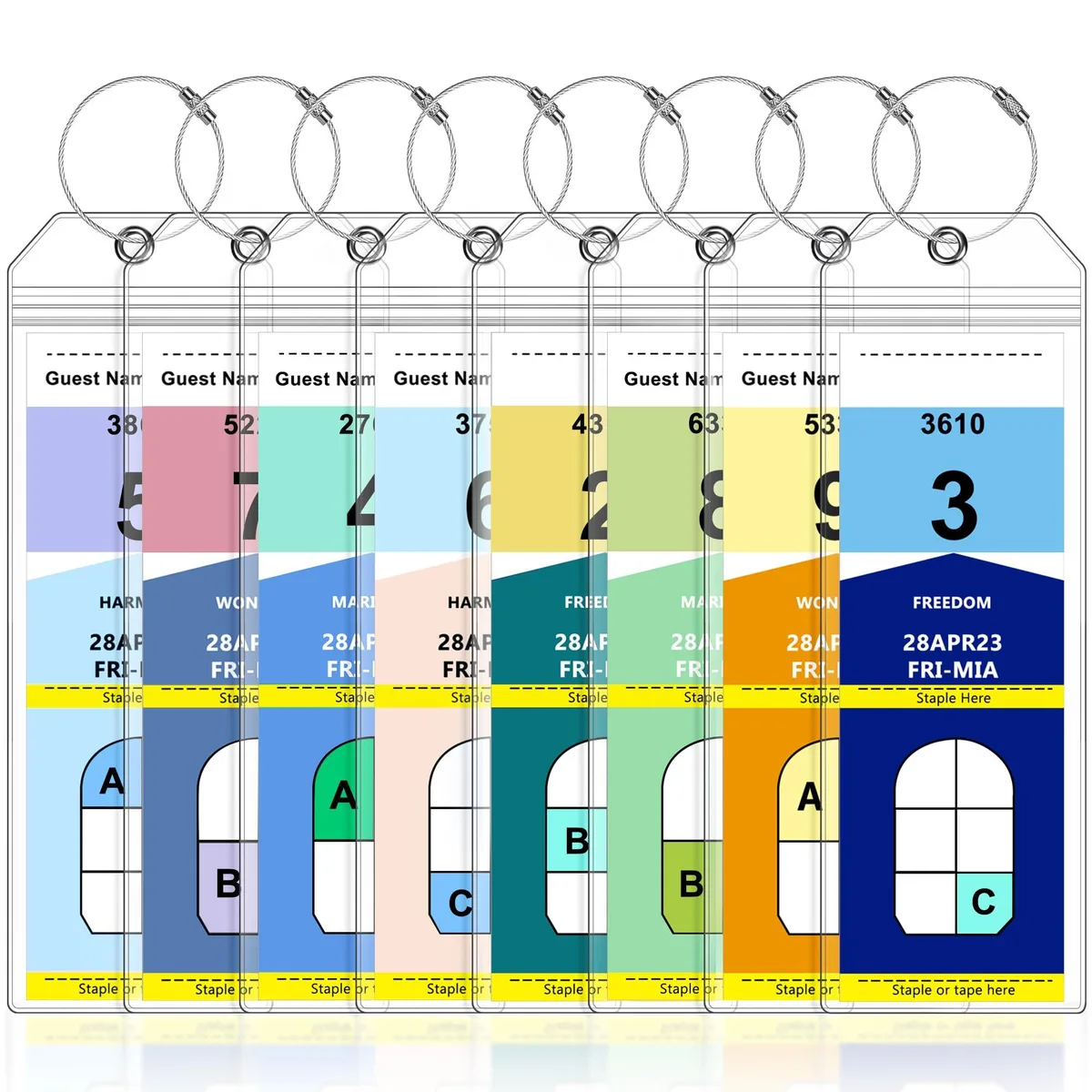 Eight grey narrow luggage tag holders with stainless steel loops