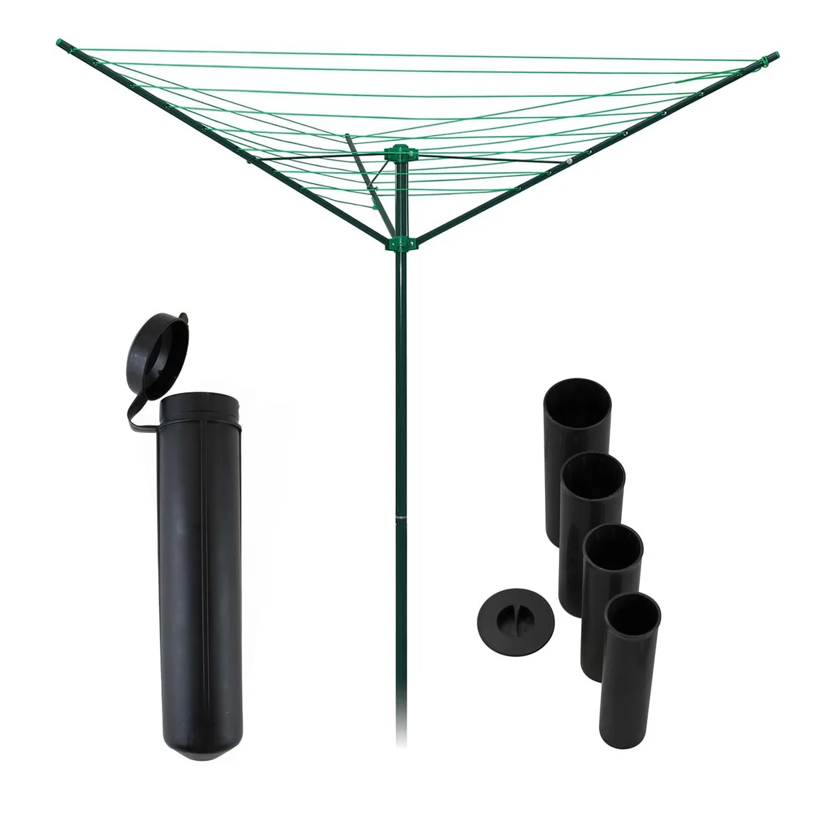 Green painted steel rotary clothesline with ground socket, 91 ft line, foldable umbrella frame