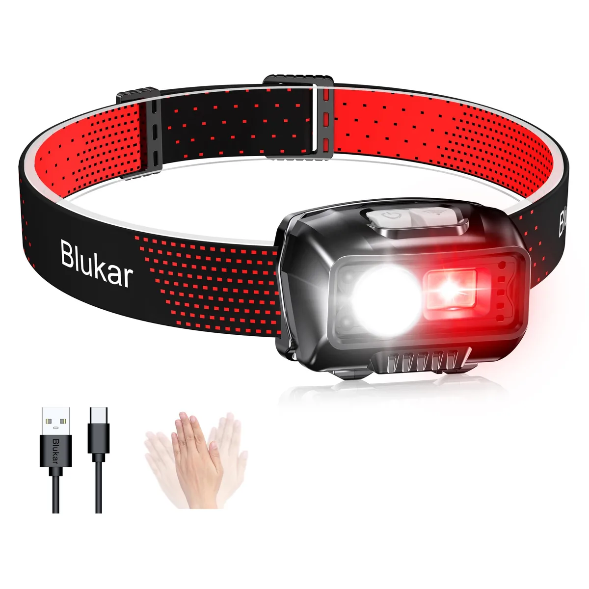 Black rectangular headlamp with adjustable elastic headband, 6.28 by 4.38 by 3.88 centimeters, 168 grams