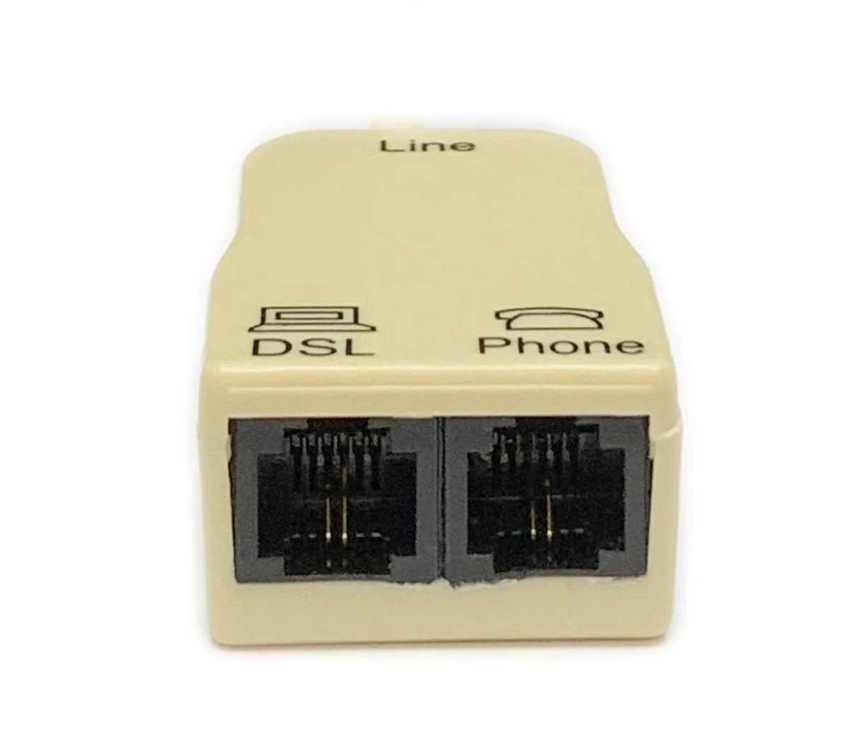 Small white plastic in-line DSL splitter with noise filter