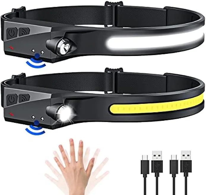 Black rectangular headlamp unit with wide COB strip and side spotlight, elastic head strap attached