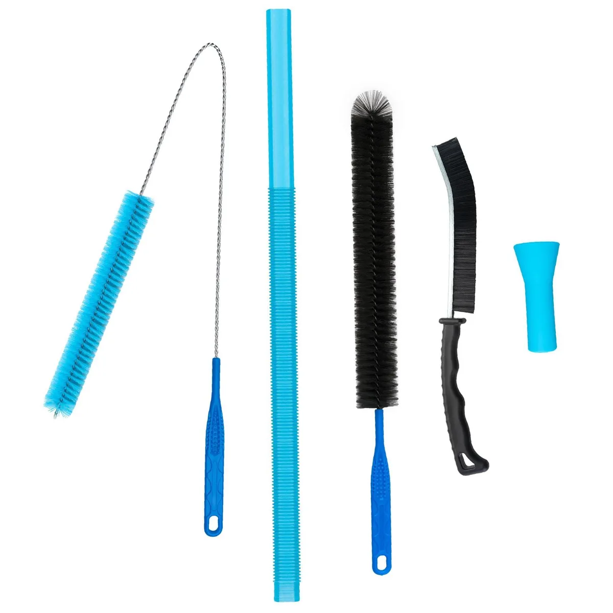 Black four-piece dryer vent cleaning kit with flexible brushes, lint trap brush, appliance brush and adapter hose
