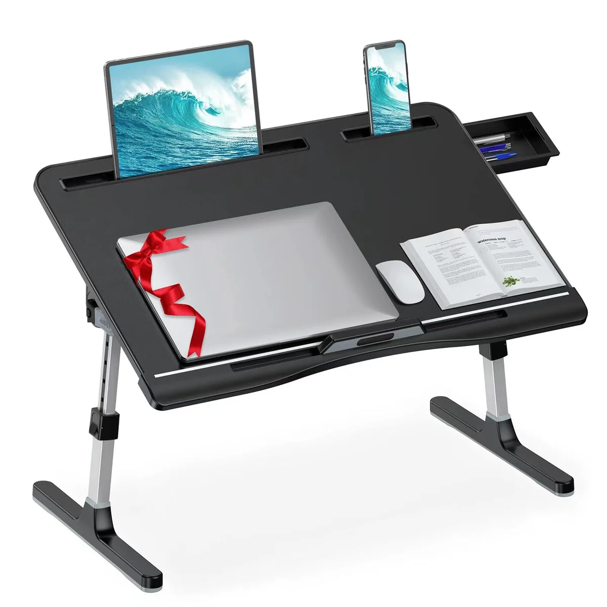 Black PVC leather portable desk with foldable aluminium legs, hidden drawer and device slots