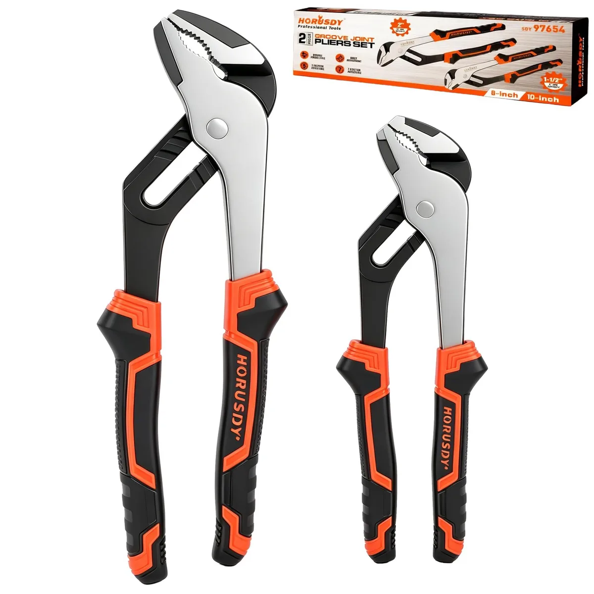 Two steel groove joint pliers 8 and 10 inch with TPR handles