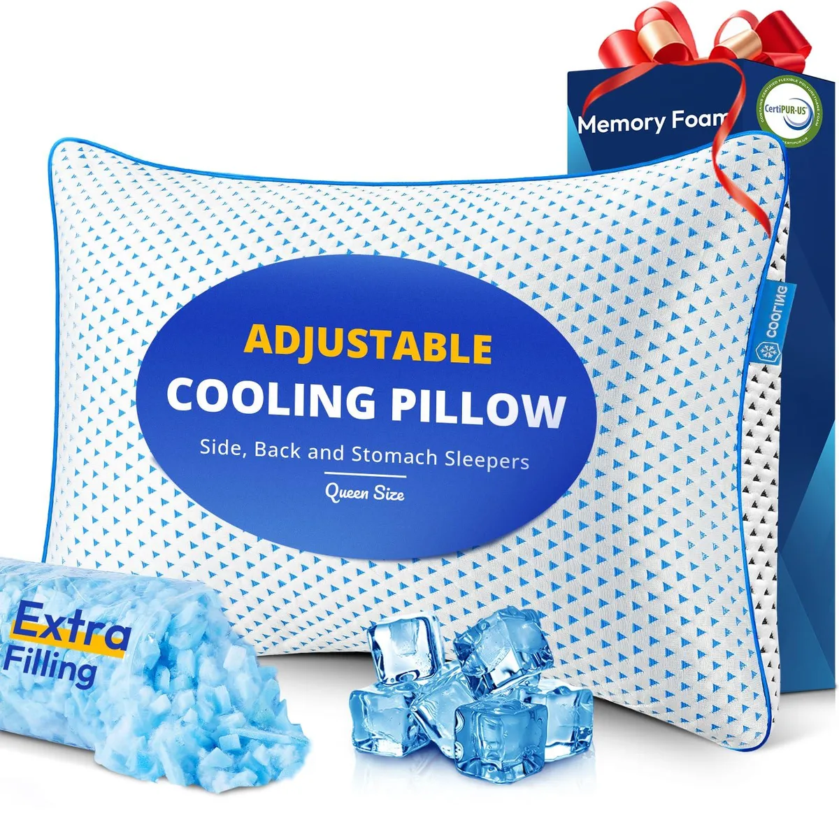 White rectangular queen-size pillow with zippered cover and visible shredded foam fill