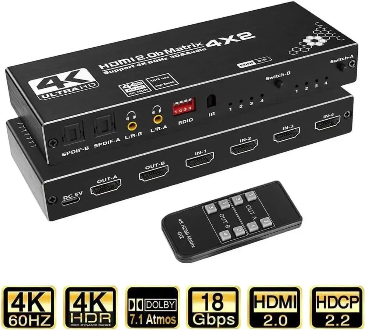 SMUGDESK SMUGDESK 4×2 HDMI 2.0b Matrix Switch 4K 60Hz HDR10 EDID IR Remote — product photo