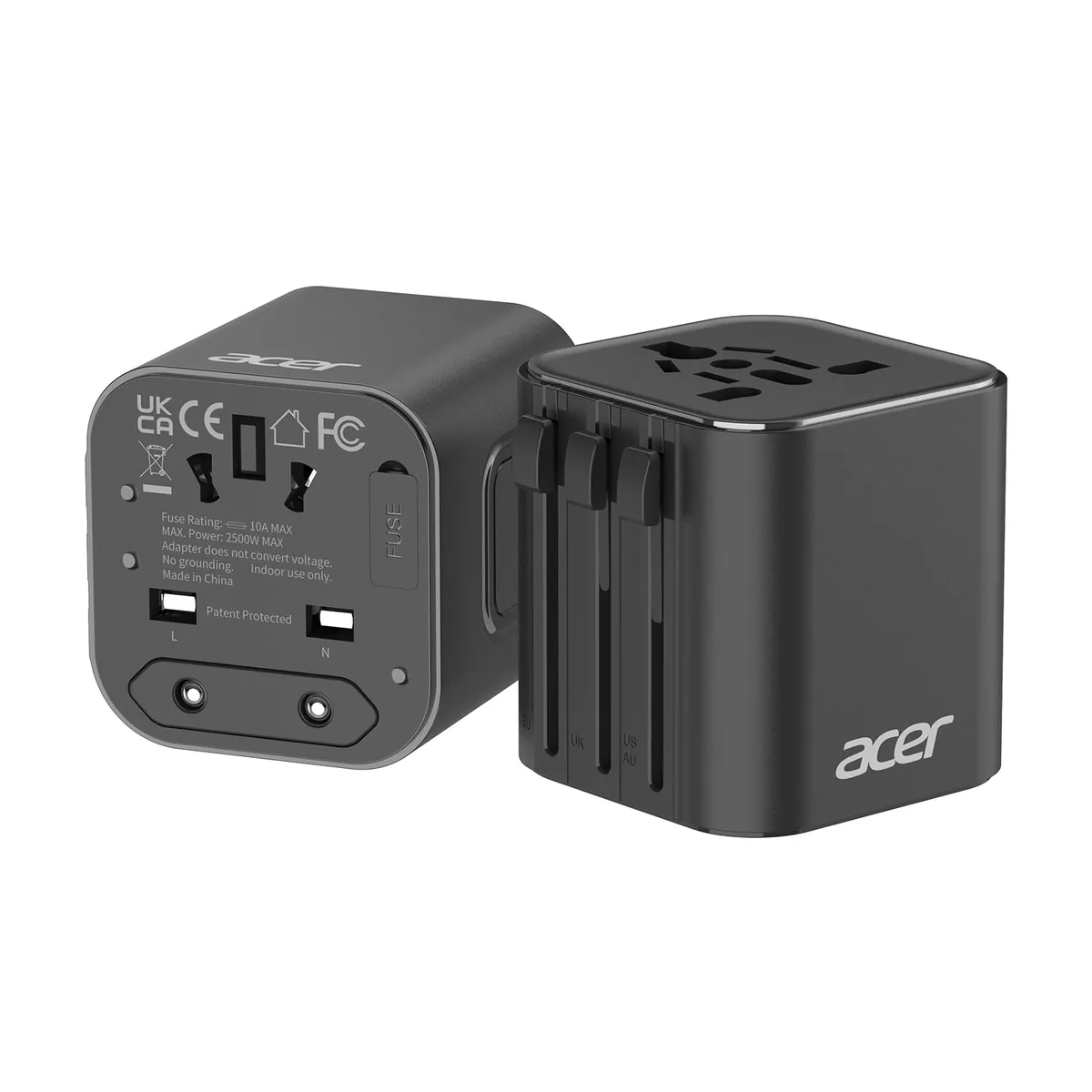 Two black universal travel adapters with retractable Type C G I A plugs compact rectangular shape matte finish