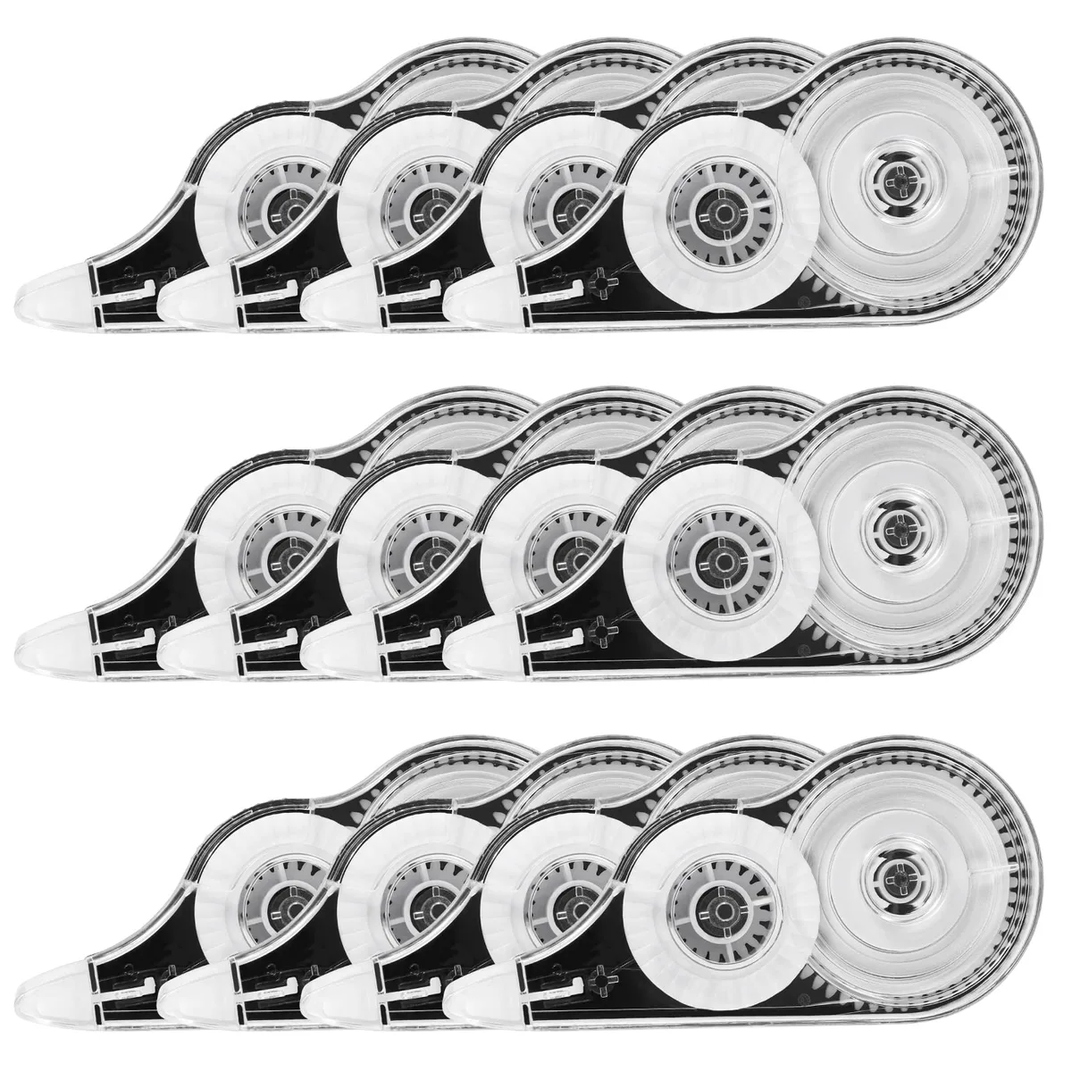 Twelve white correction-tape dispensers in a row, each with a .2 in roller and a small gear window for tension adjustment
