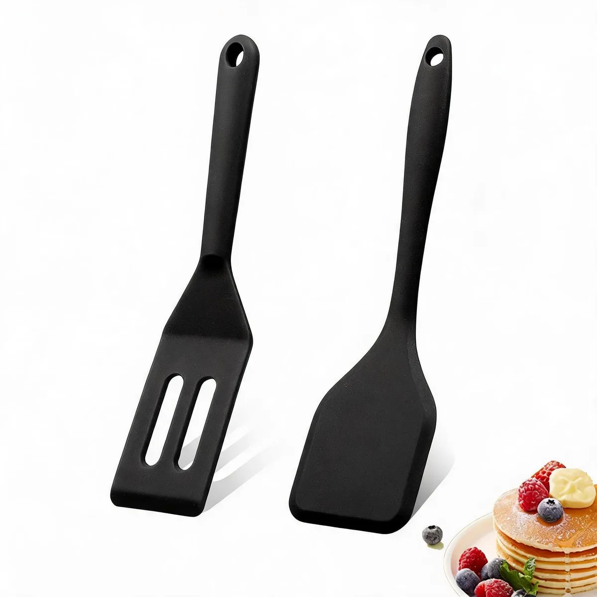 Two black silicone mini spatulas, one wider one narrower, each about eight inches long with hanging holes