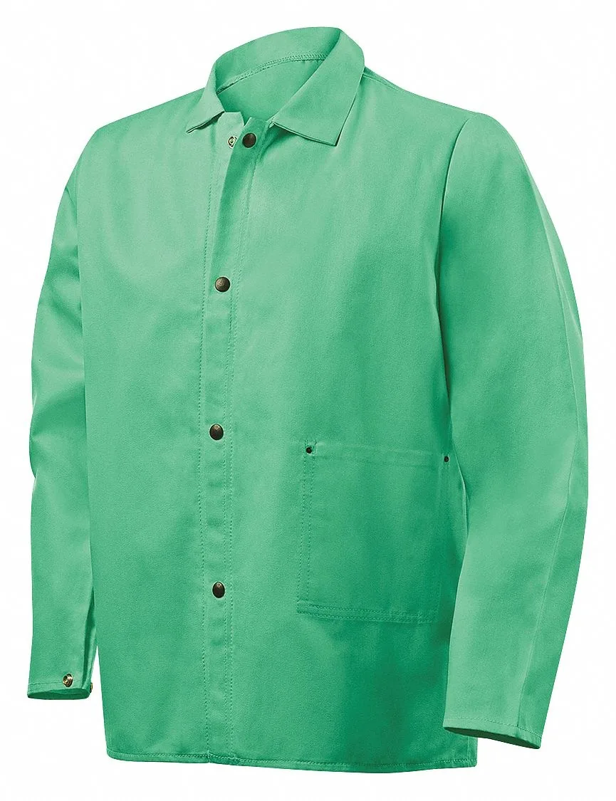 Green welding jacket with leather reinforcements and snap closures