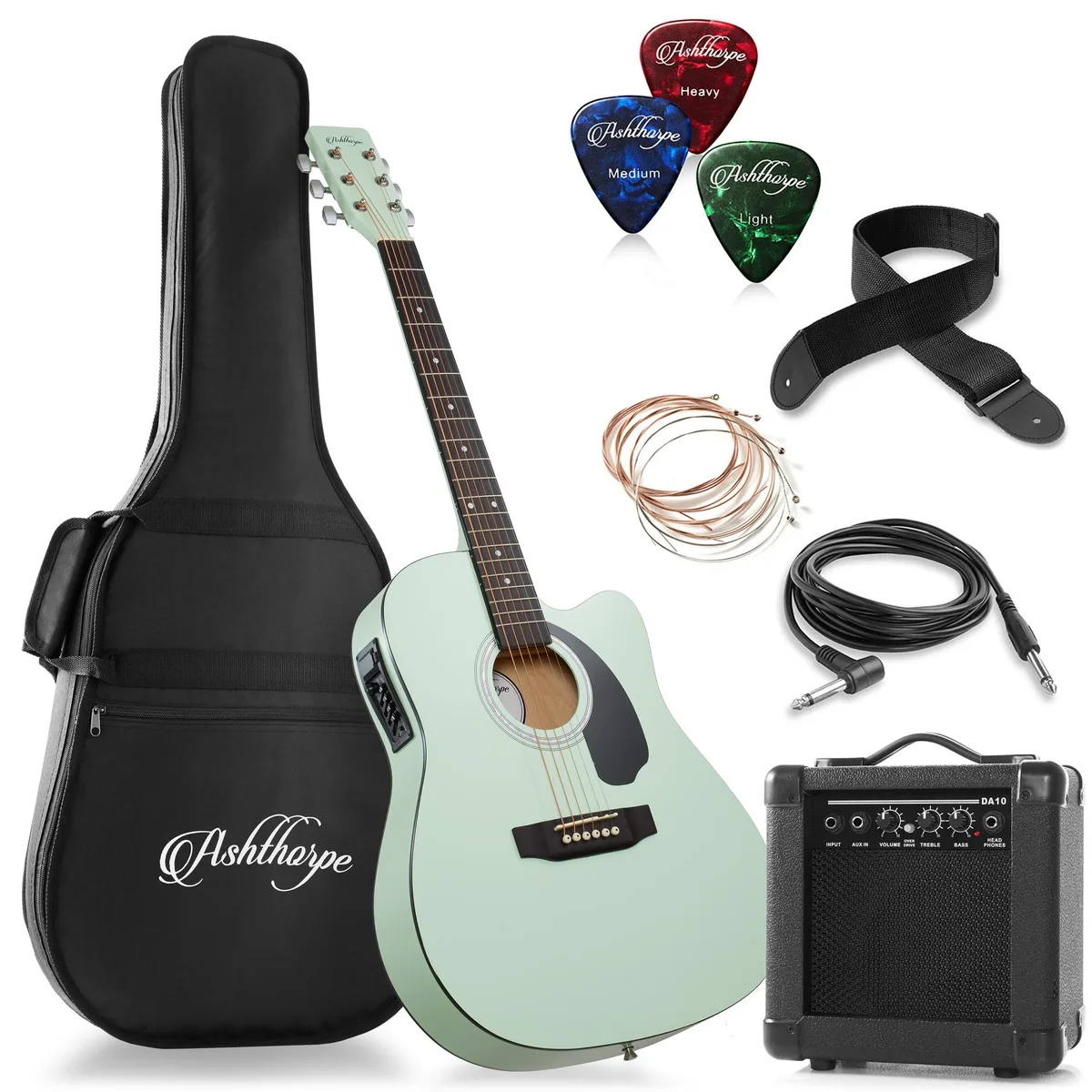 Ashthorpe Ashthorpe 41" Thinline Cutaway Acoustic-Electric Guitar Package 10W Amp Mint Green — product photo