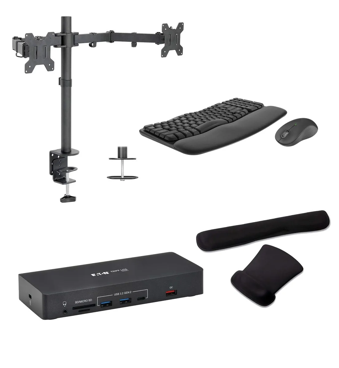 Tripp Lite Tripp Lite USB-C Dock Triple Display 100W Bundle Desk Mount MK670 Keyboard Mouse Gel Wrist Rest — product photo