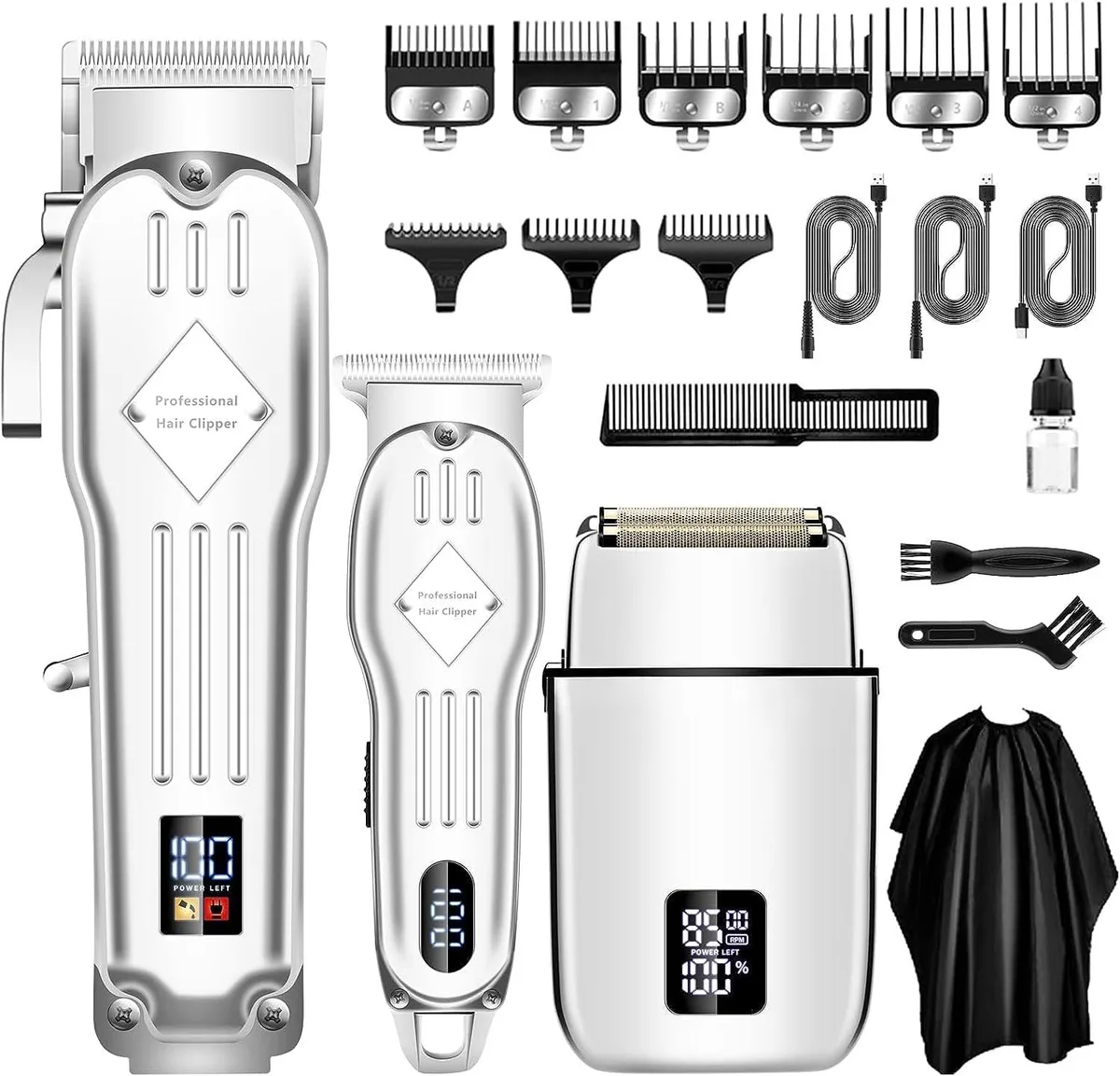 Silver metal cordless clipper, foil shaver and T-blade trimmer kit with adjustable lever