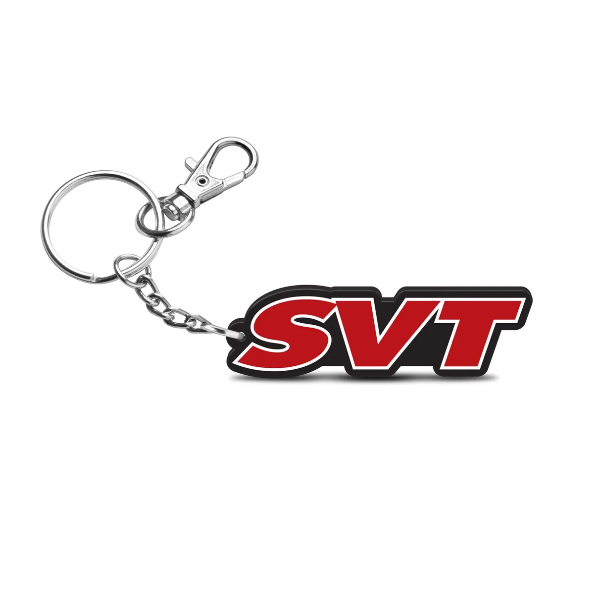 Black rectangular acrylic key chain with full-color Ford SVT logo, laser-cut lightweight plastic, scratch-resistant finish