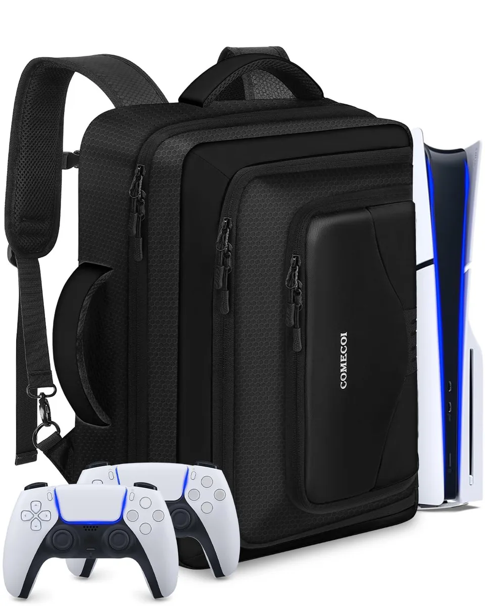 Black nylon backpack with padded straps and multiple compartments