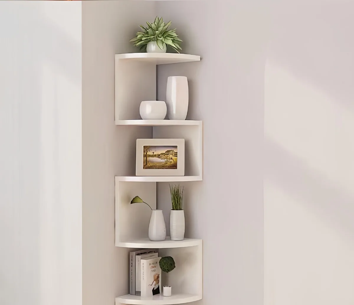 White 5-tier zigzag corner shelf with curved tiers and adhesive hooks