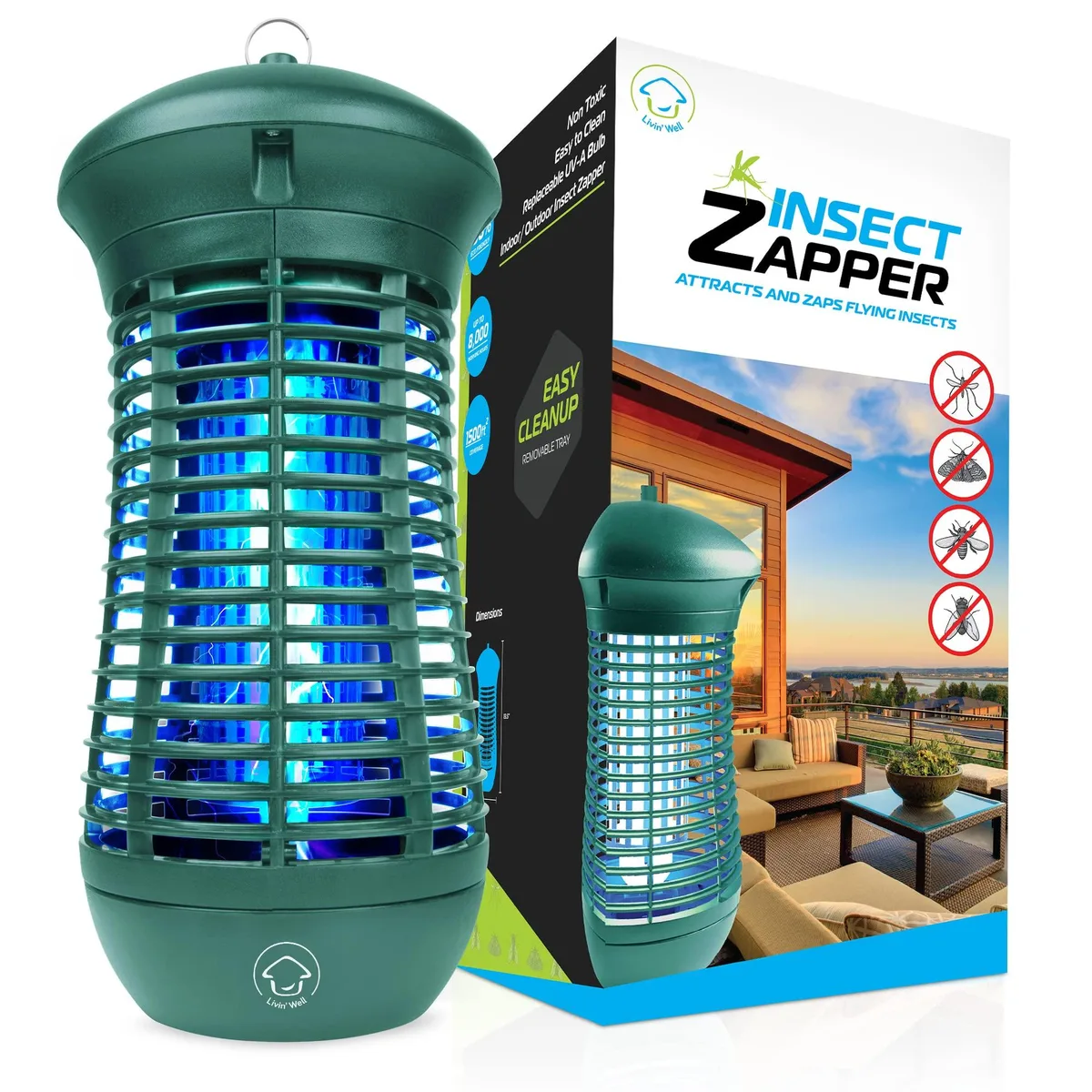 Green cylindrical bug zapper with protective grid, standing base and hanging hook