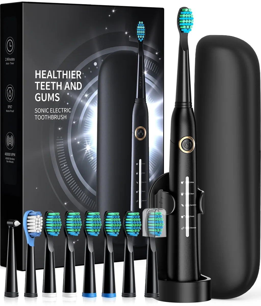 Black sonic electric toothbrush with travel case and brush heads
