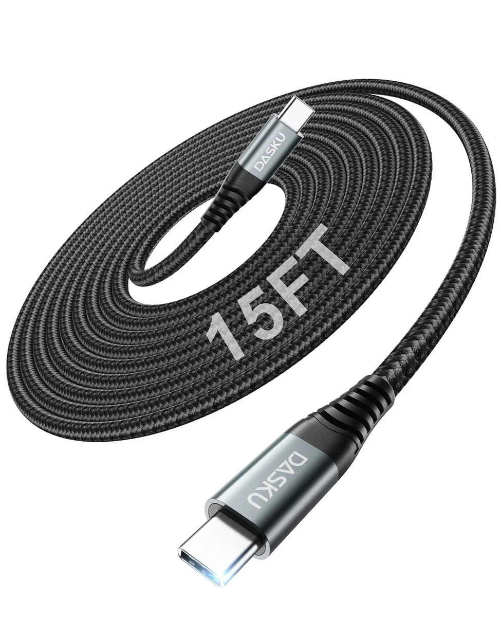 Black braided USB-C to USB-C cable, 15 ft, male connectors, nylon braid with aluminium ends