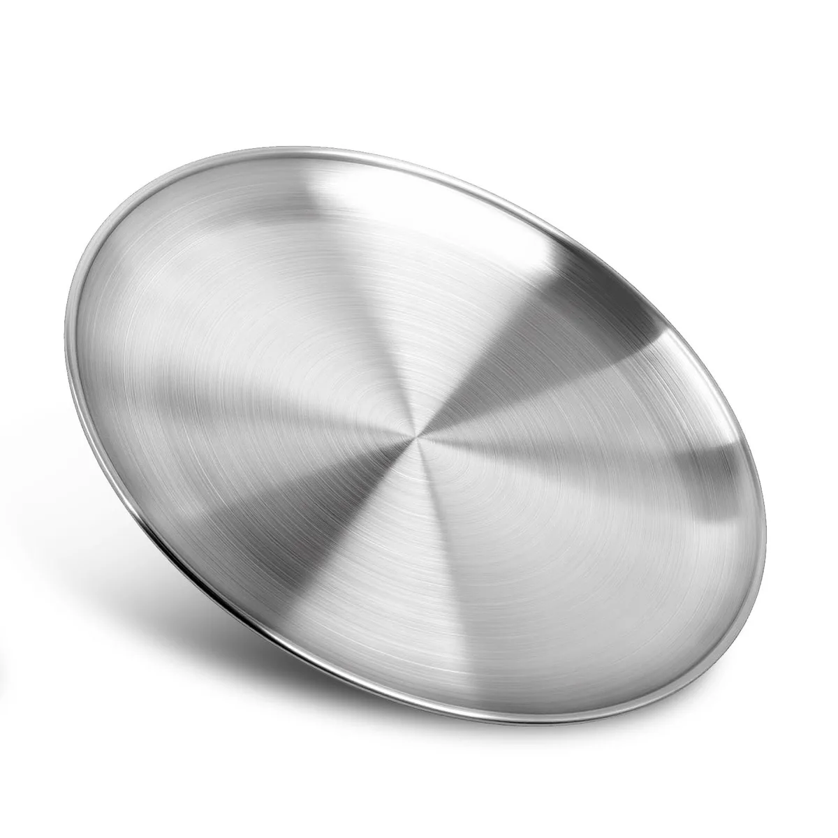 A single 10 inch round stainless steel plate with a silver mirror finish