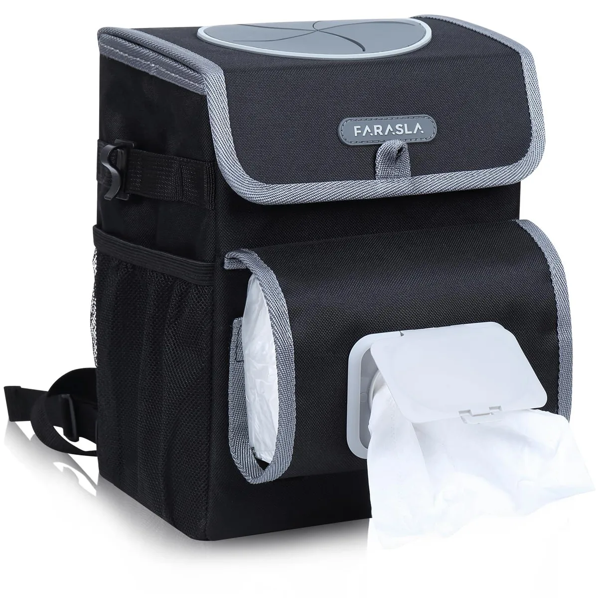Three white car trash cans with adjustable straps and tissue holders