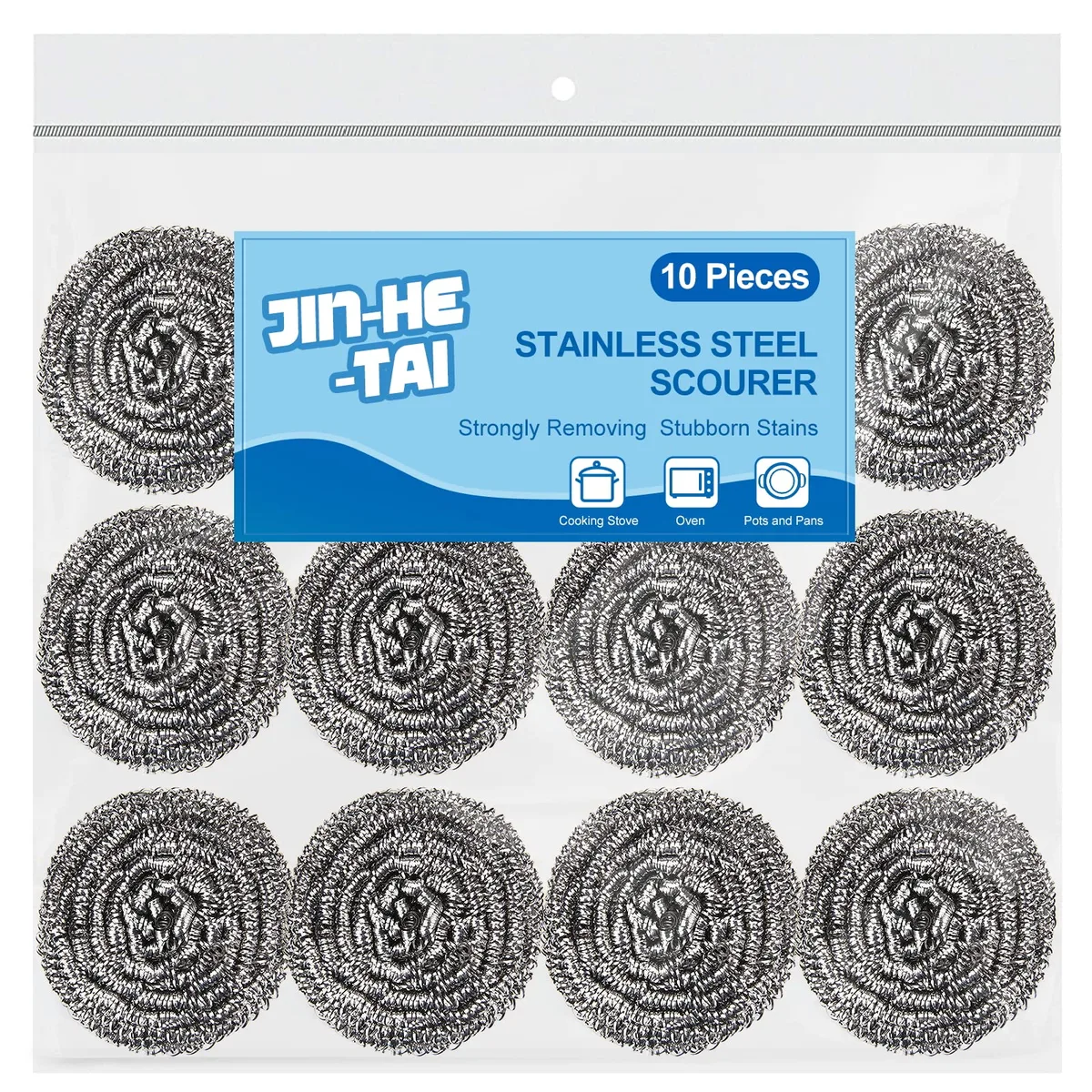 Ten stainless steel scrubbers in white, mesh form, rust resistant
