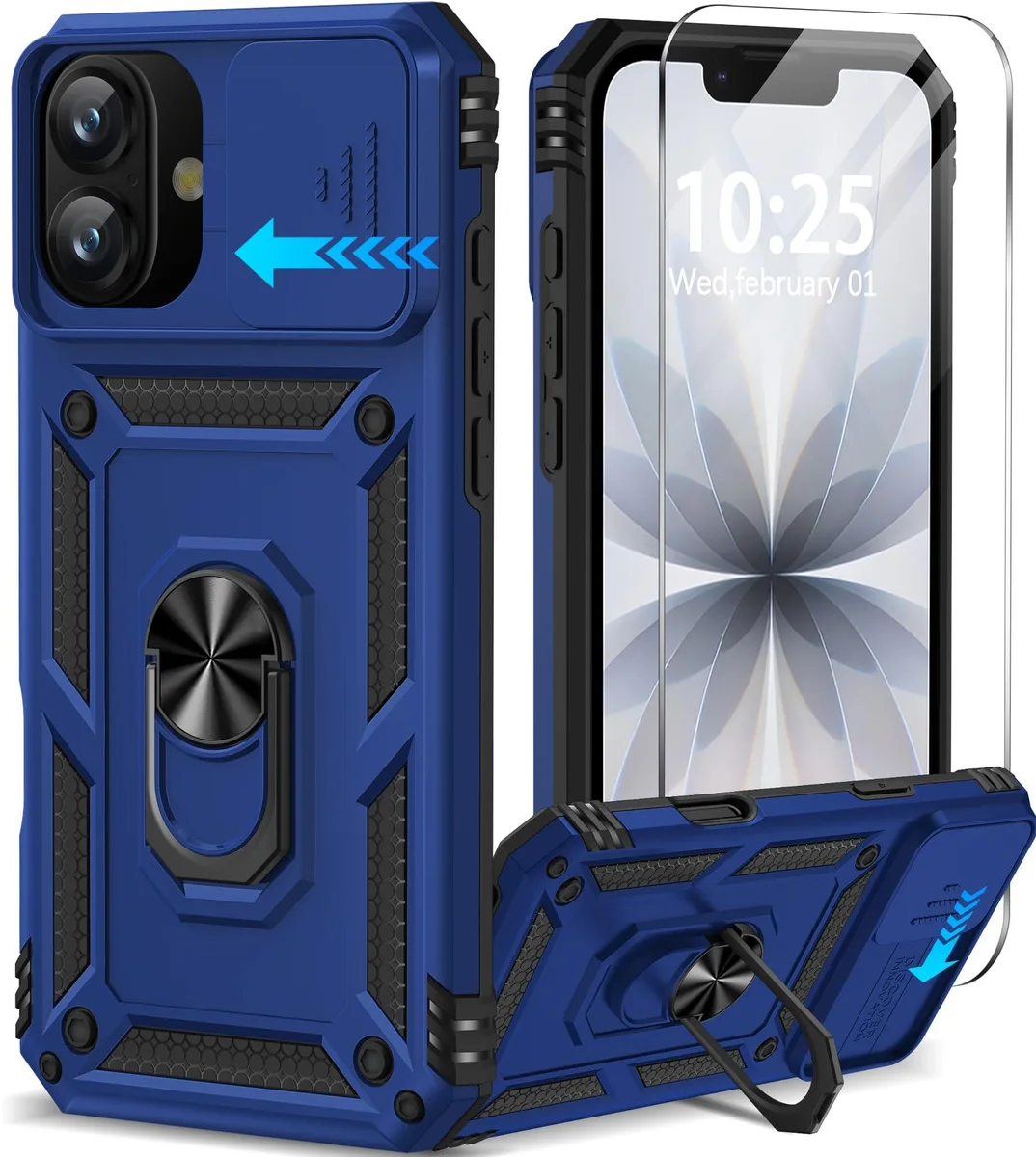  Taisairu iPhone 17 Case with Screen Protector, Slide Camera Cover, 360° Ring Stand (Blue) — product photo