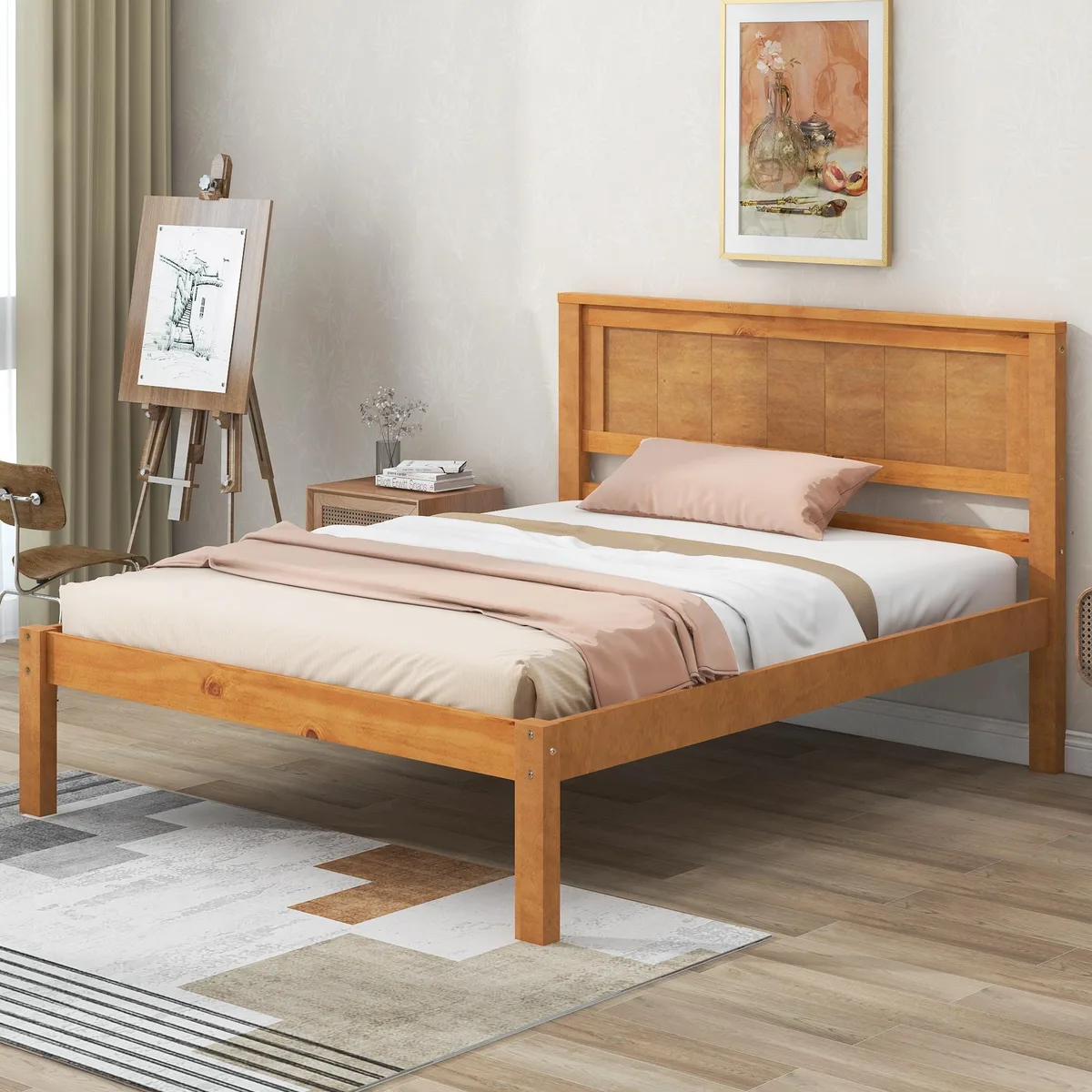 Twin platform bed frame with oak finish and slatted headboard