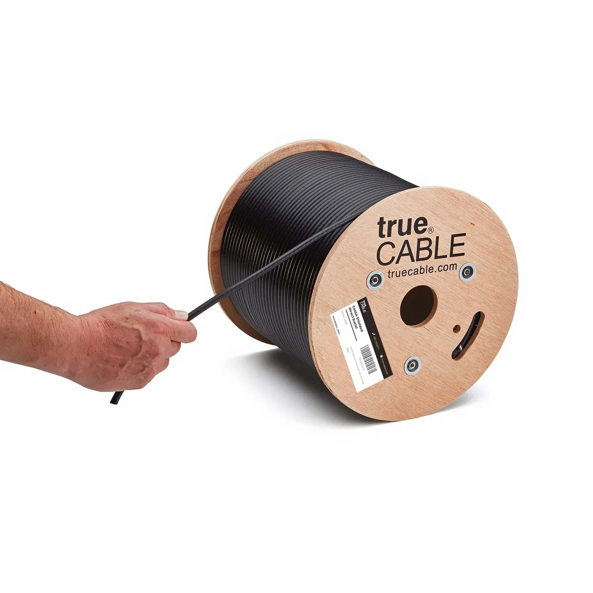 Black shielded Cat6A bulk Ethernet cable on a 500ft reel