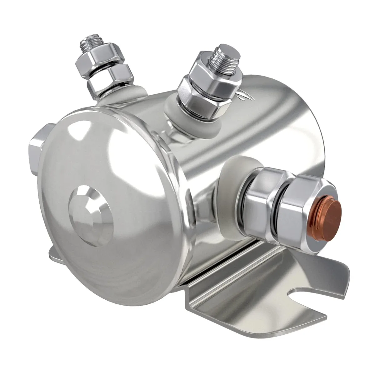 Nickel-plated solenoid relay with straight bracket and dual copper studs